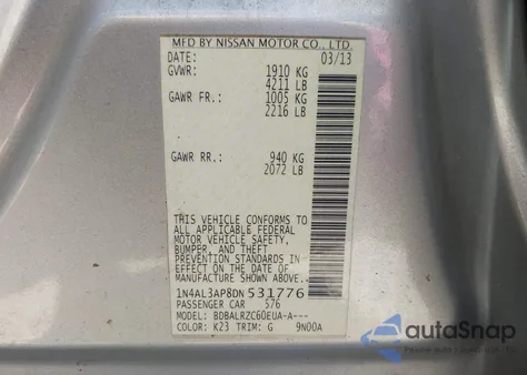 2013 Nissan Altima 2.5 S z USA, uszkodzony, nr VIN 1N4AL3AP8DN531776